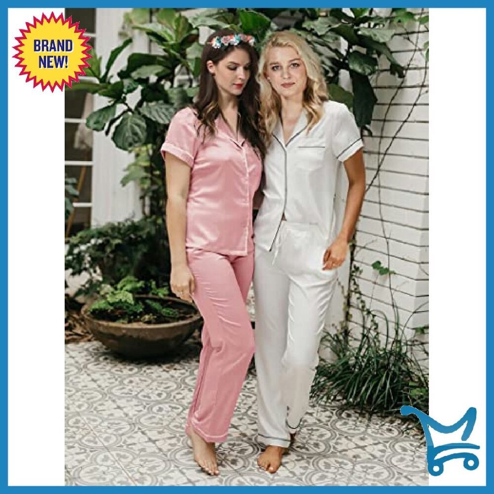 Silk Satin Pajama Set Shorts Button Down Loungewear Sleepwear - Picture 3 of 8